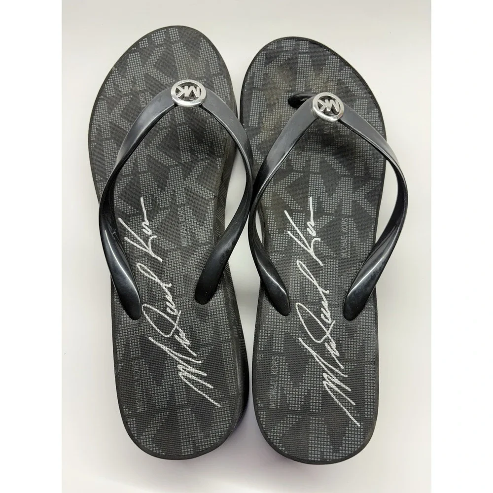 Michael Kors Bedford Platform Flip Flop Women 7 Black Jet Set Signature Low Heel
